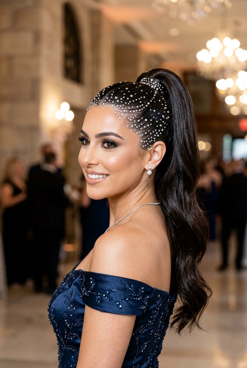 Jeweled Ponytail - 20 y2k ponytail with face framing strands - 20 y2k ponytail with face framing strands