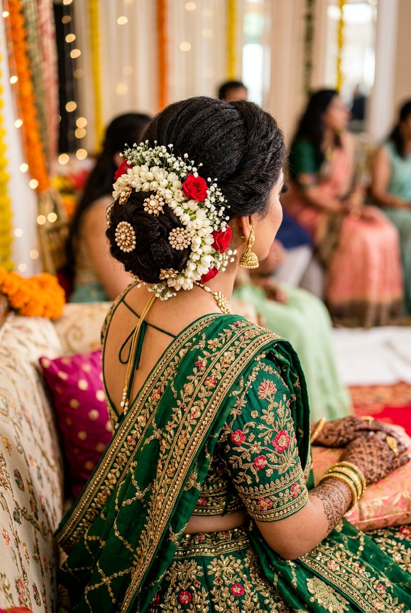 Juda Bun with Floral Pins for Mehndi - 20 mehndi hairstyles - 20 mehndi hairstyles