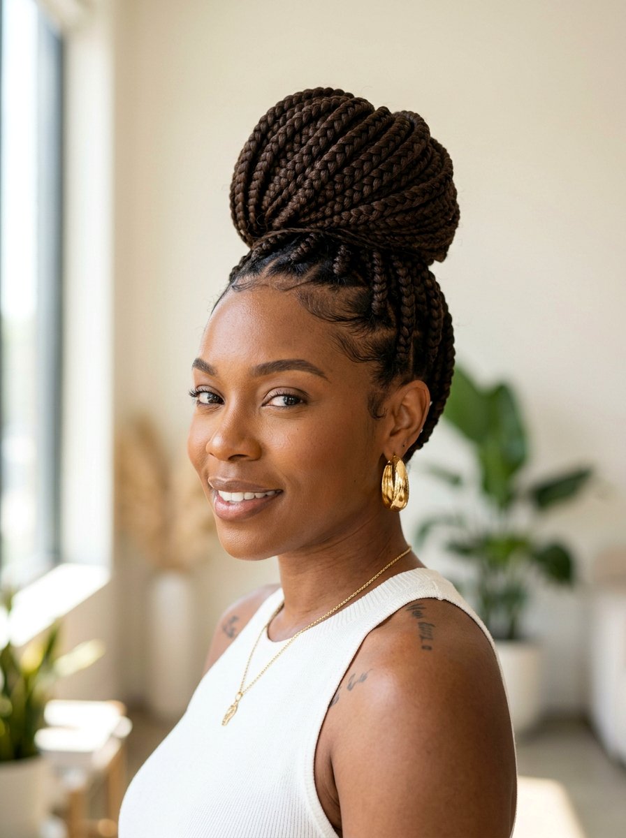 Jumbo Box Braids High Bun - 20 large box braids hairstyles - 20 large box braids hairstyles