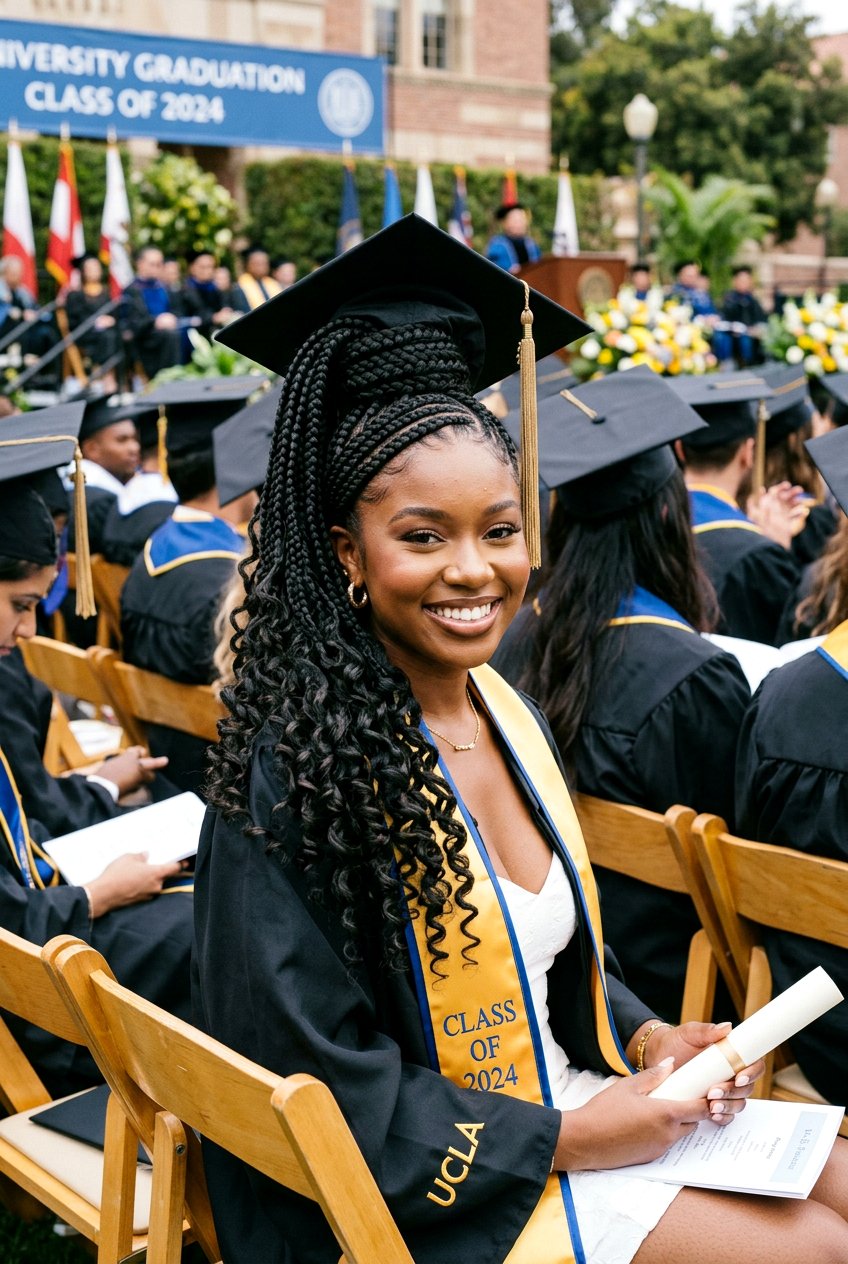 Jumbo Feed In Braid Ponytail with Curly Ends - 20 graduation braid ponytail for black girls - 20 graduation braid ponytail for black girls