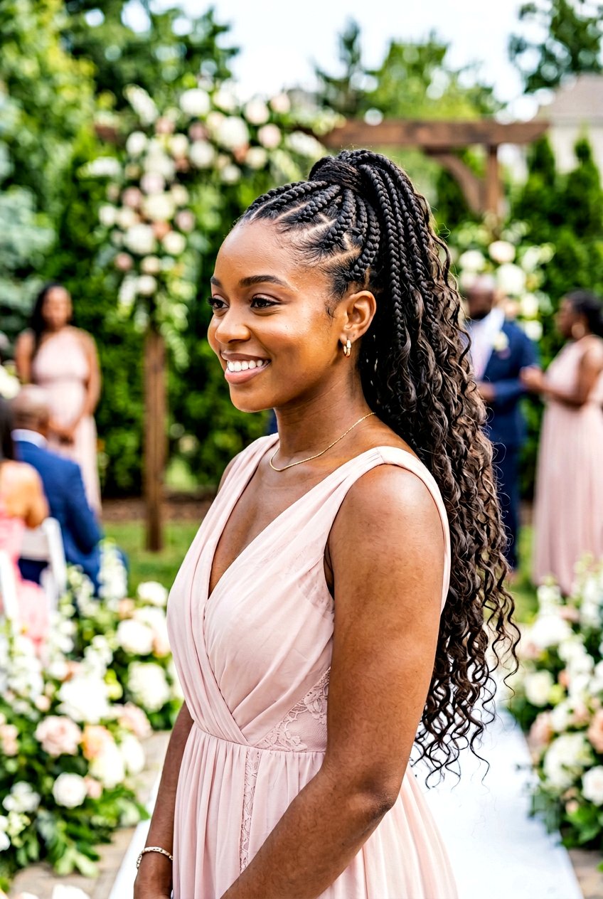 Jumbo Knotless Braid Ponytail with Boho Curls - 20 bridesmaid braid ponytail for black women - 20 bridesmaid braid ponytail for black women