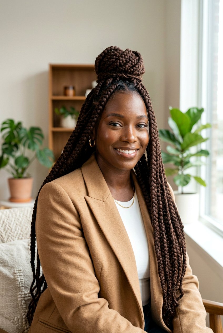 Jumbo Knotless Braids in a Half Bun - 20 office friendly braided hairstyles for black women - 20 office friendly braided hairstyles for black women