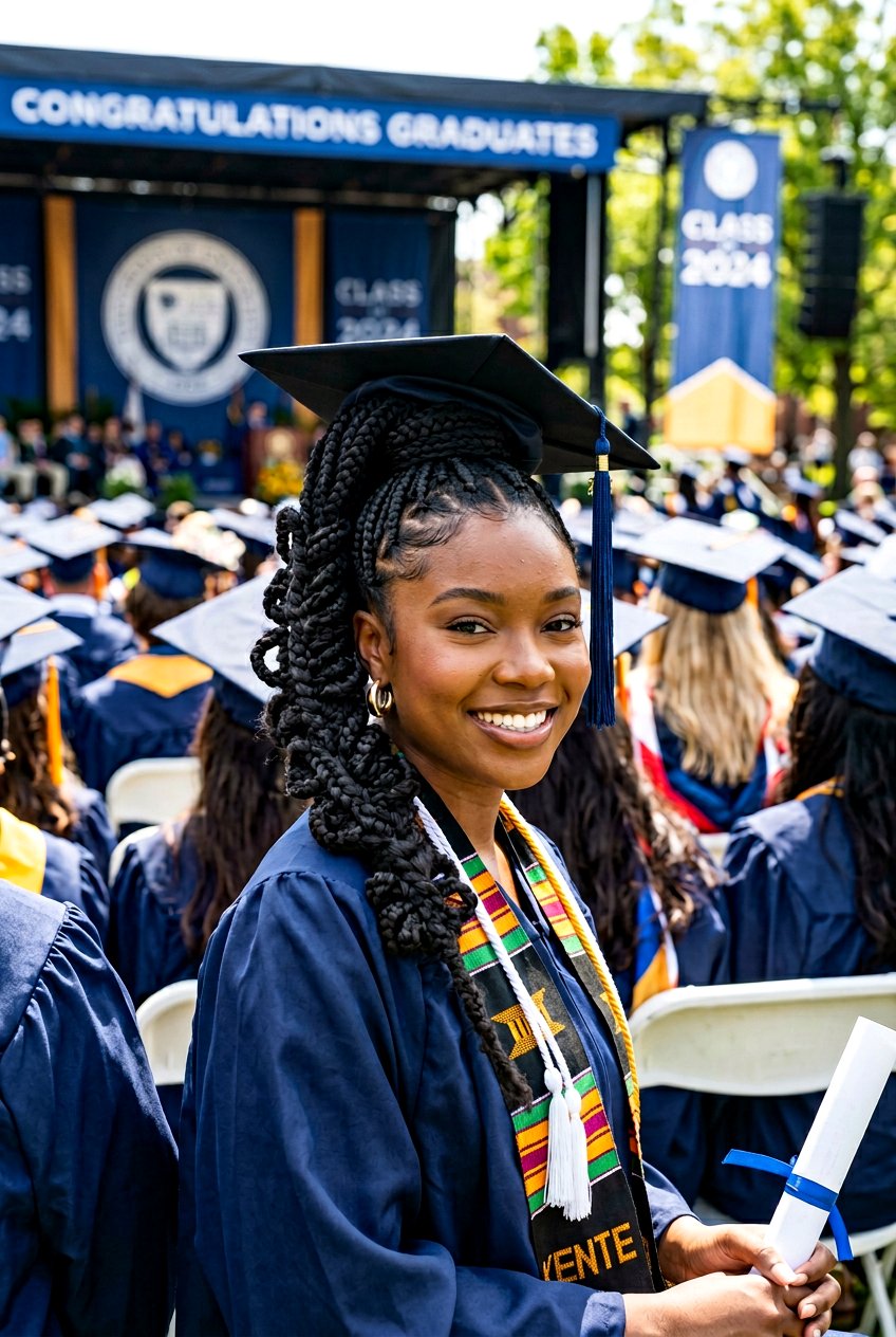 Jumbo Knotless Ponytail with Butterfly Braid Overlay - 20 graduation braid ponytail for black girls - 20 graduation braid ponytail for black girls