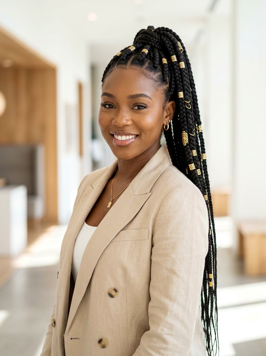 Jumbo knotless braids ponytail with gold cuffs - 20 jumbo knotless braids ponytail - 20 jumbo knotless braids ponytail