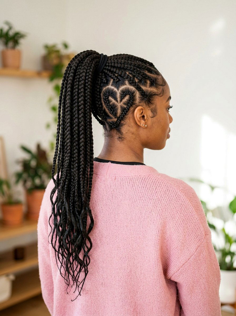 Jumbo knotless braids ponytail with heart design - 20 jumbo knotless braids ponytail - 20 jumbo knotless braids ponytail