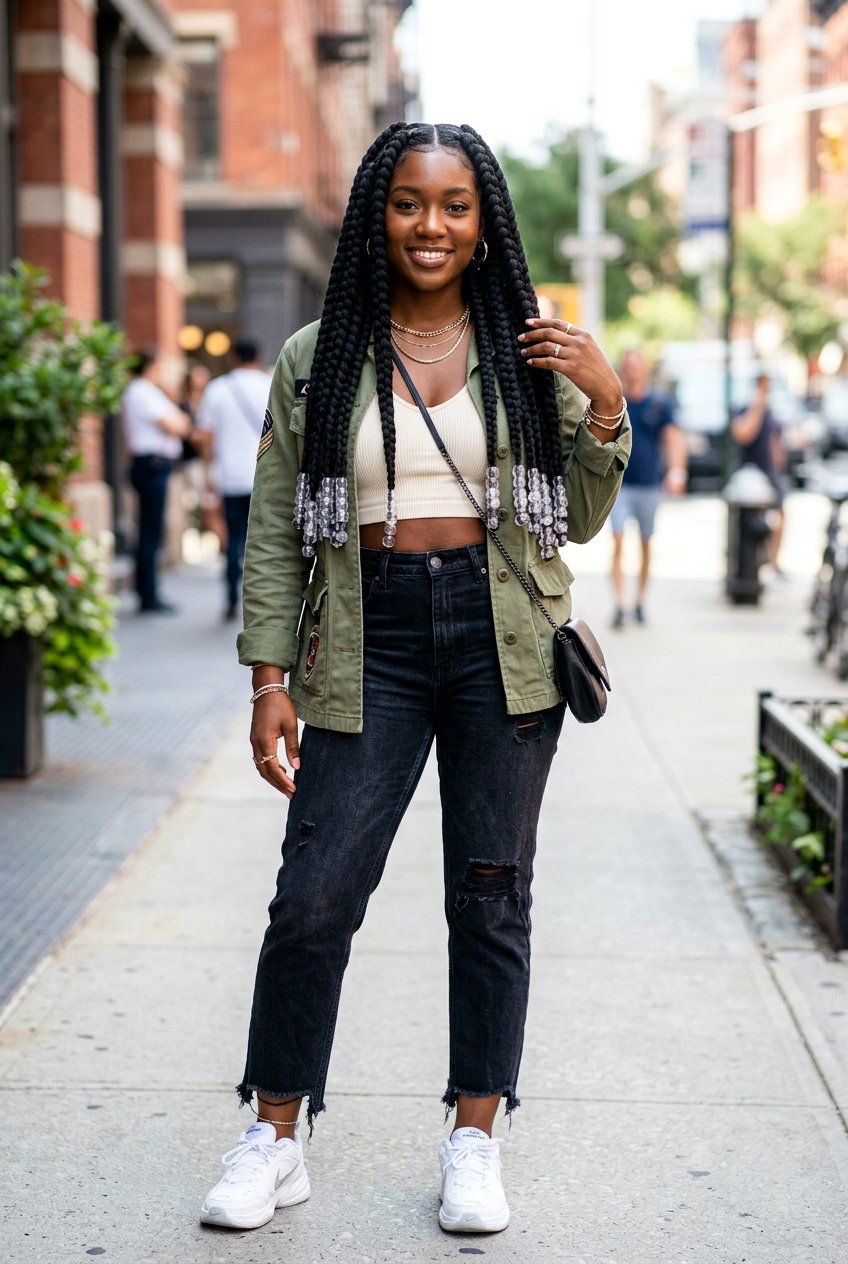 Jumbo knotless braids with clear beads - 20 waist length knotless braids with beads - 20 waist length knotless braids with beads