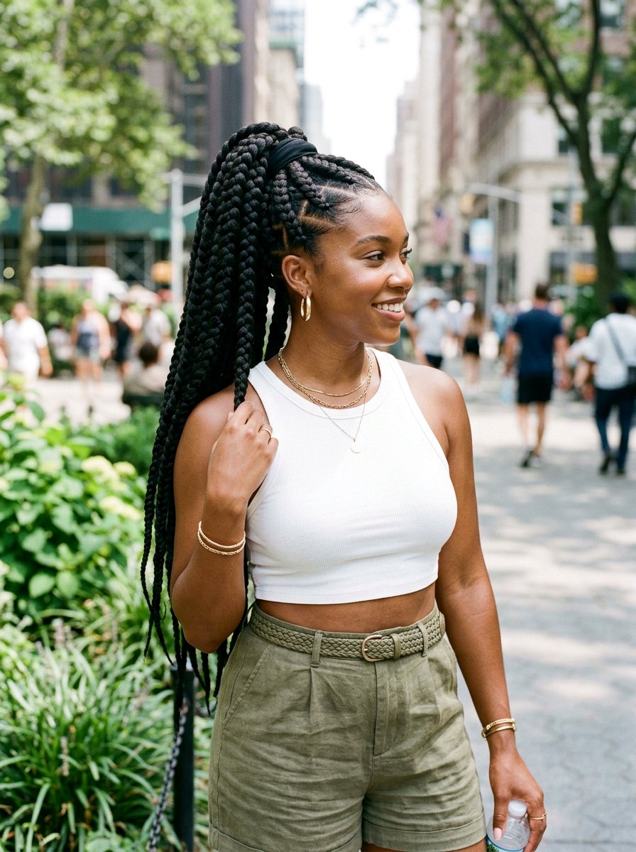 Jumbo stitch braids into ponytail - 20 stitch braids into ponytail - 20 stitch braids into ponytail