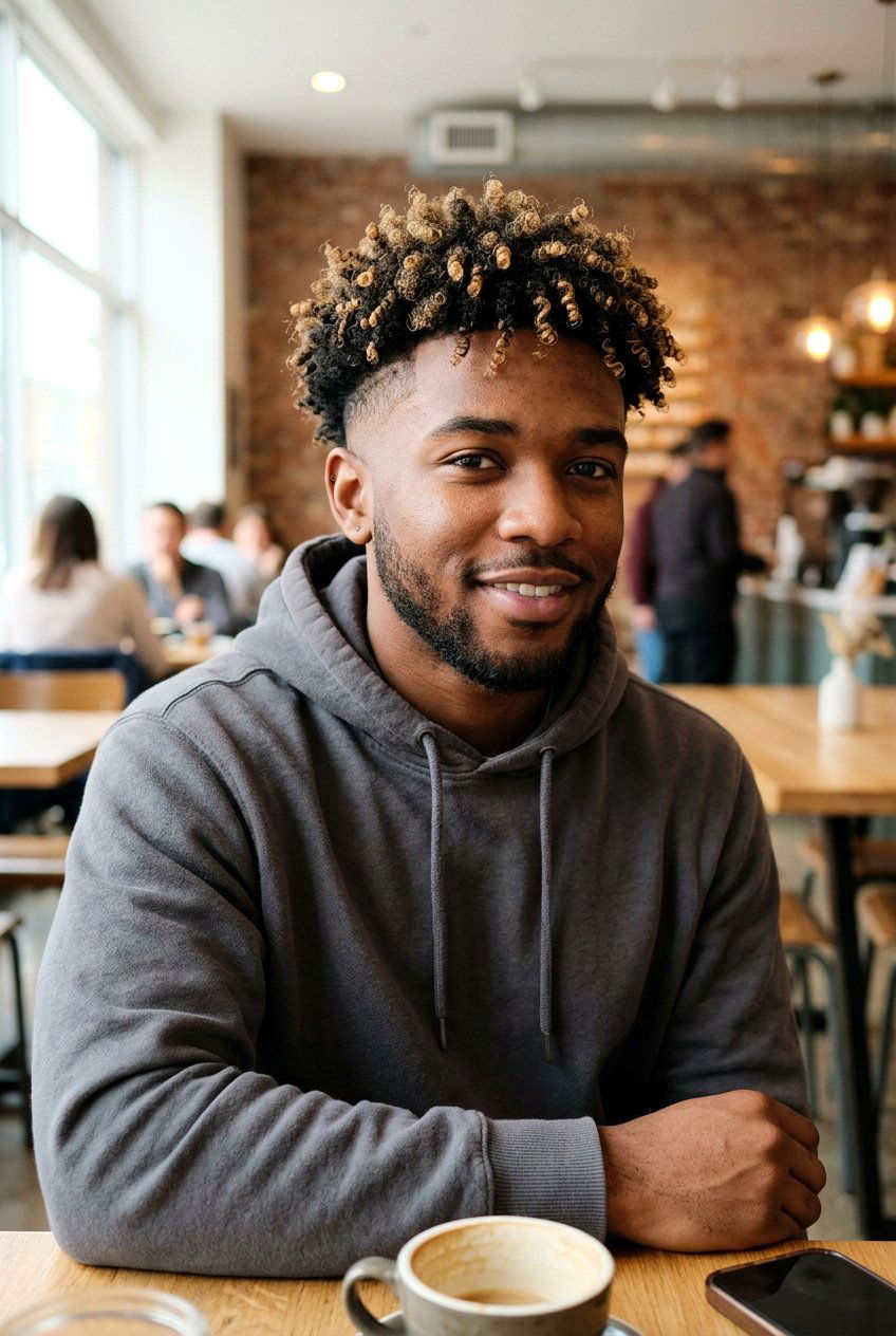 Kinky Curly Taper with Blonde Highlights - 20 curly taper cut with blonde highlights - 20 curly taper cut with blonde highlights