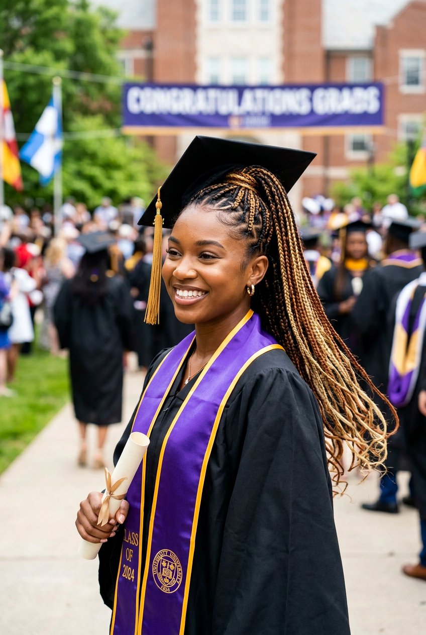 Knotless Box Braid Ponytail with Color Highlights - 20 graduation braid ponytail for black girls - 20 graduation braid ponytail for black girls