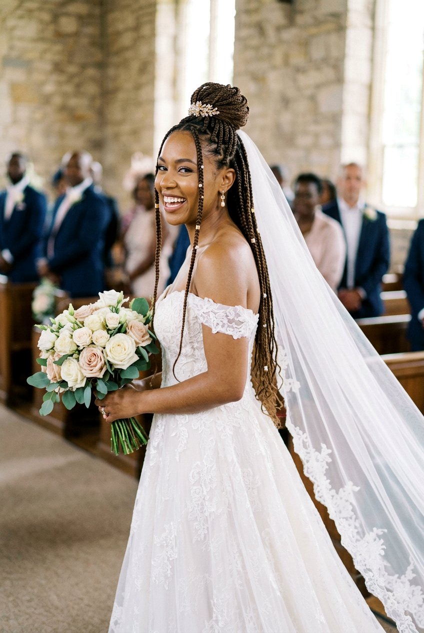 Knotless Box Braids Ponytail with Gold Cuffs - 20 bridal knotless braids hairstyles - 20 bridal knotless braids hairstyles