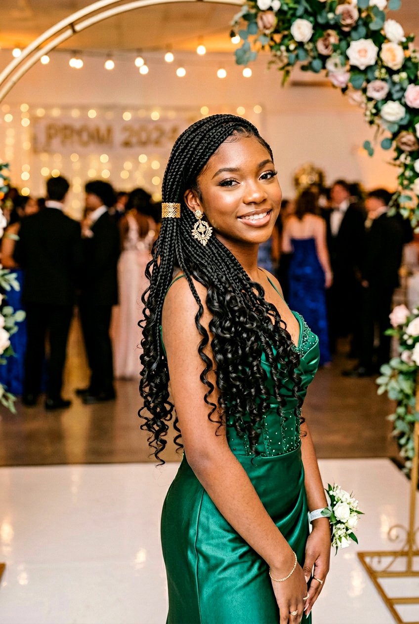 Knotless Box Braids Side Swept with Curls - 20 prom knotless braids with curls - 20 prom knotless braids with curls