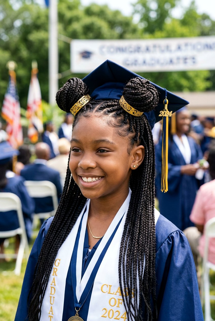 Knotless Braid Space Buns Ponytail Combo - 20 graduation braid ponytail for black girls - 20 graduation braid ponytail for black girls