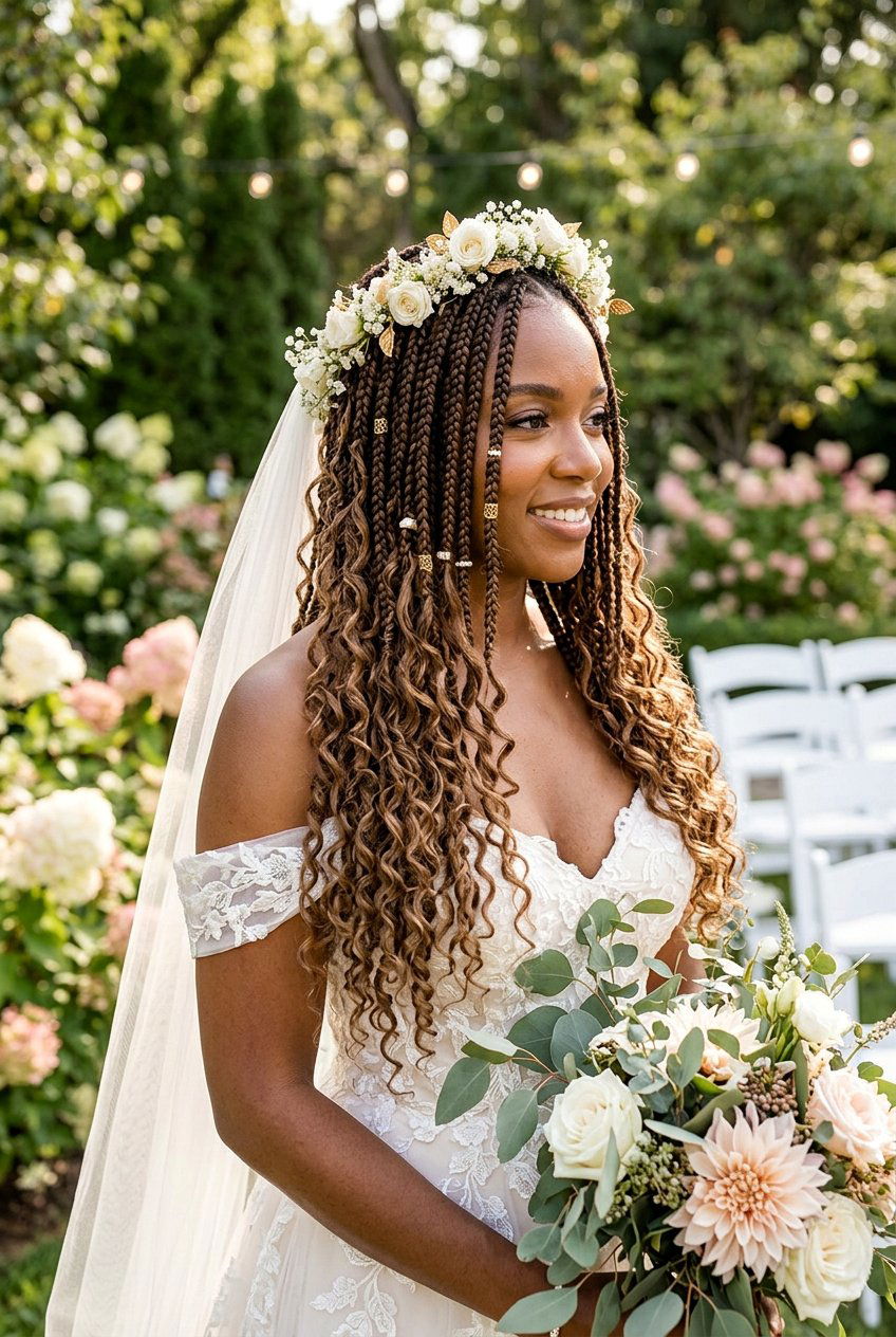 Knotless Braids Crown Updo with Floral Pins - 20 bridal knotless braids hairstyles - 20 bridal knotless braids hairstyles
