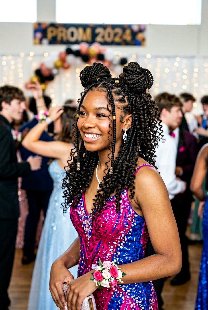 Knotless Braids Double Bun with Curls - 20 prom knotless braids with curls - 20 prom knotless braids with curls