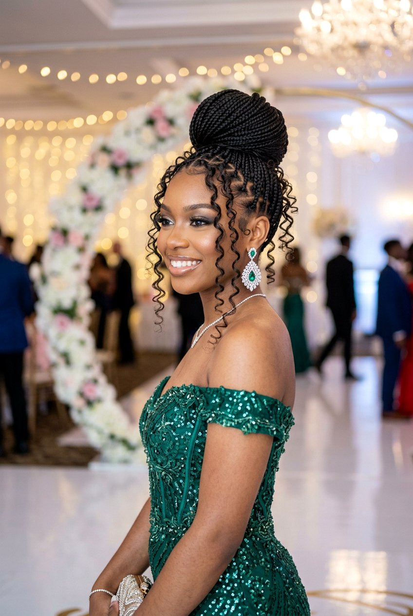 Knotless Braids High Bun with Curly Tendrils - 20 prom knotless braids with curls - 20 prom knotless braids with curls