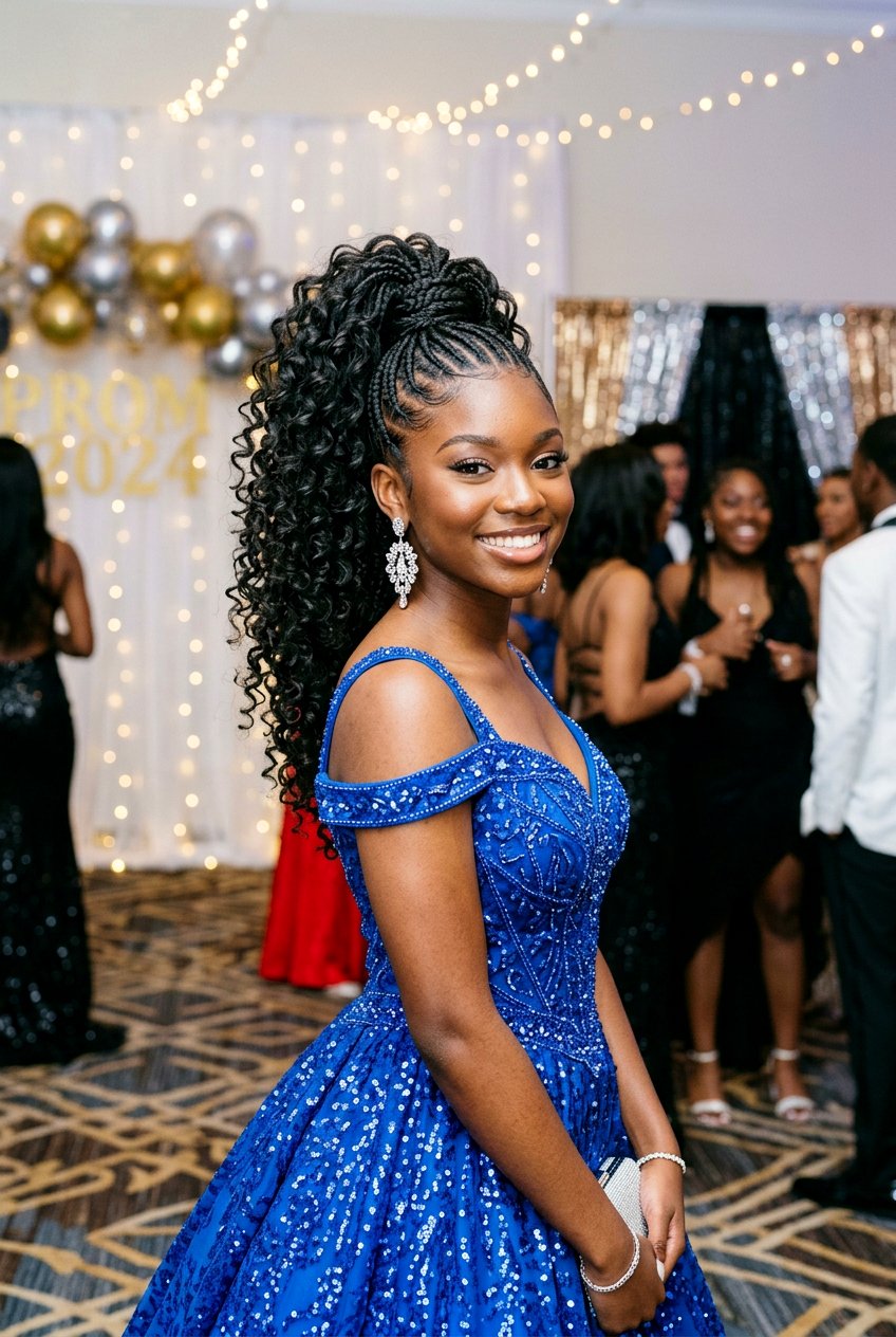 Knotless Braids High Ponytail with Curls - 20 prom knotless braids with curls - 20 prom knotless braids with curls