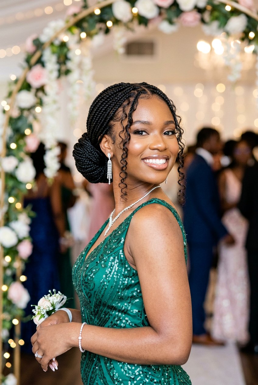 Knotless Braids Low Bun with Curly Face Framing Pieces - 20 prom knotless braids with curls - 20 prom knotless braids with curls