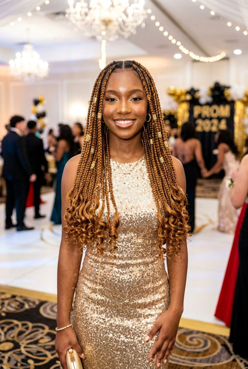 Knotless Braids with Curls and Gold Cuffs - 20 prom knotless braids with curls - 20 prom knotless braids with curls