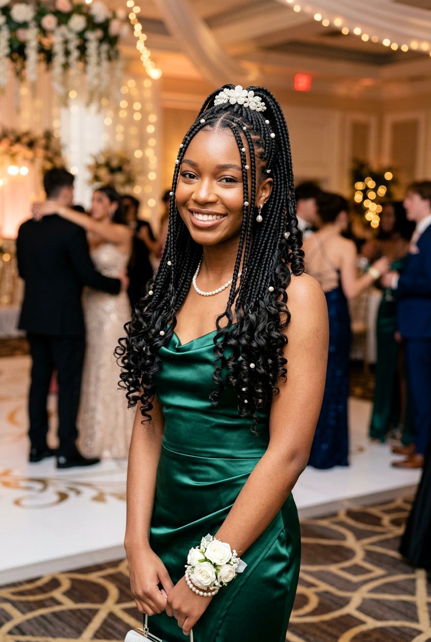 Knotless Braids with Curls and Pearl Accessories - 20 prom knotless braids with curls - 20 prom knotless braids with curls