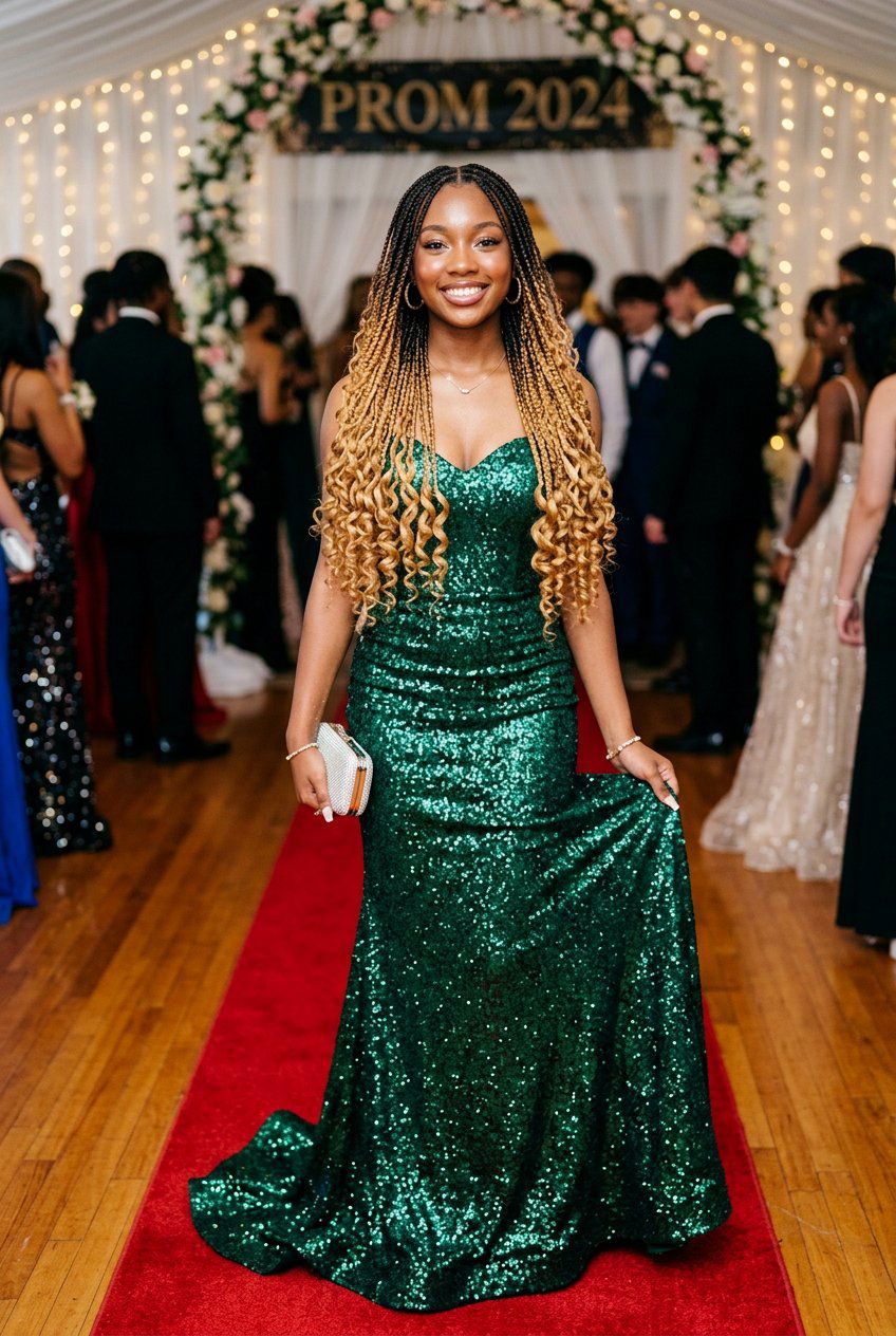 Knotless Braids with Curly Ends and Ombre Color - 20 prom knotless braids with curls - 20 prom knotless braids with curls