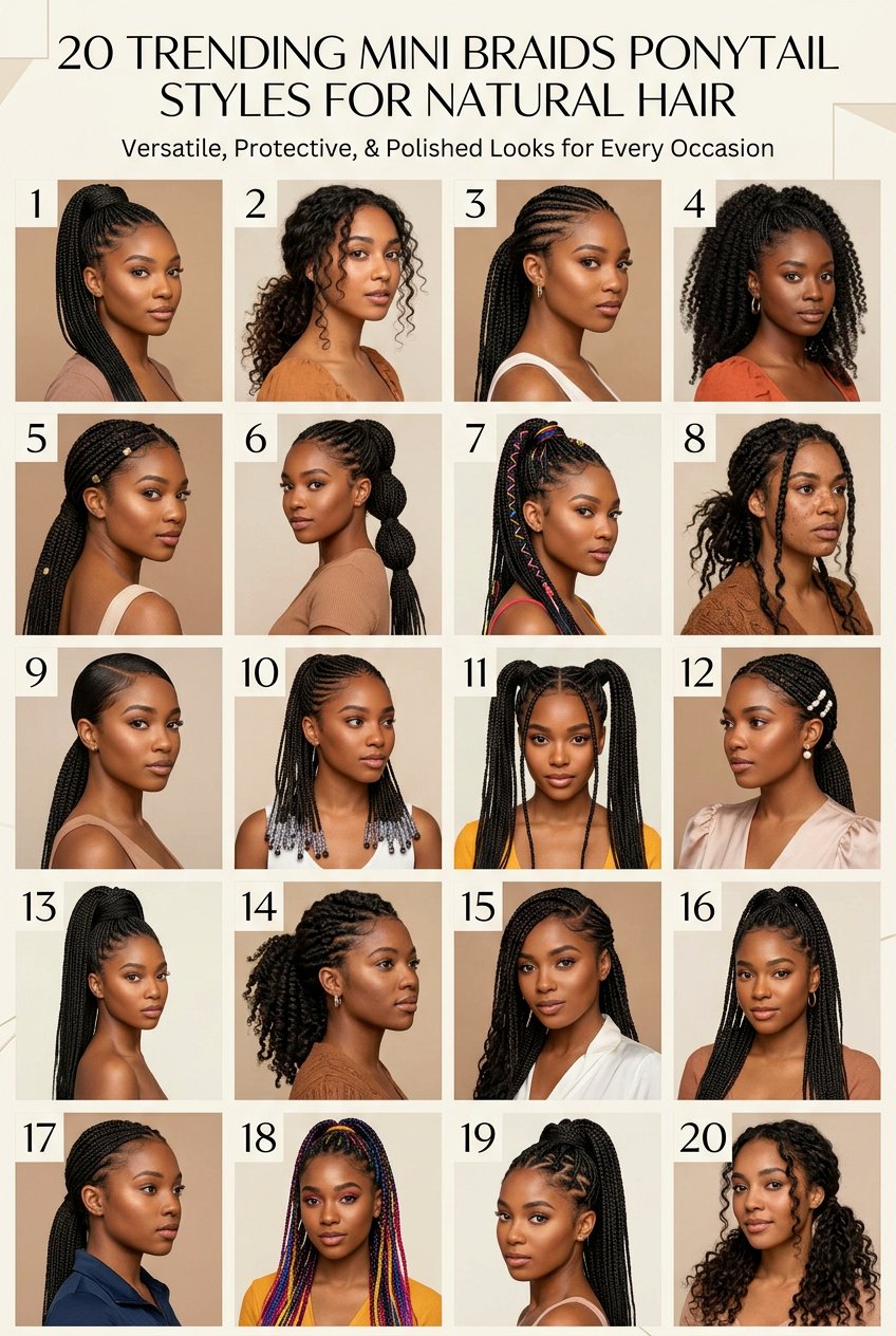 Knotless Mini Braid High Ponytail with Beaded Tips - 20 mini braids ponytail for natural hair - 20 mini braids ponytail for natural hair