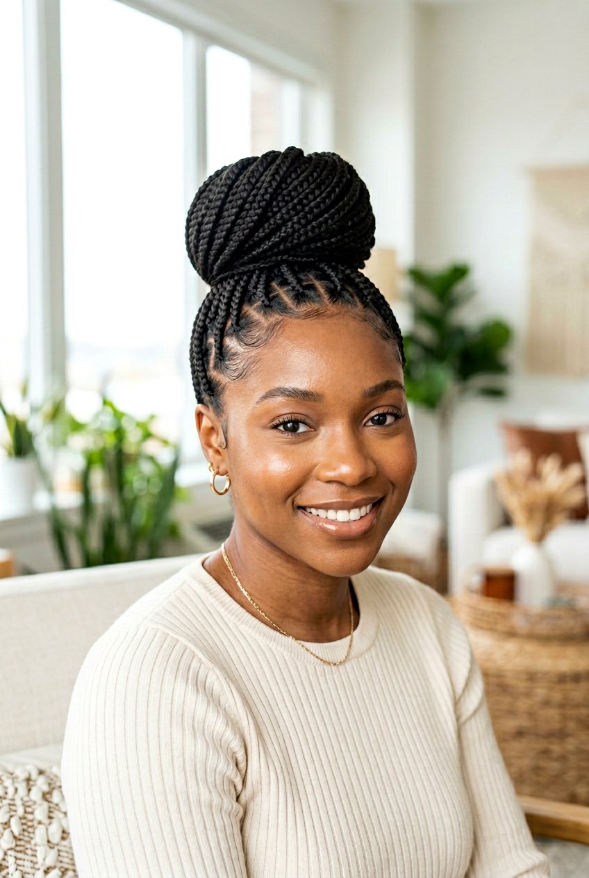 Knotless box braids bun - 20 box braids bun hairstyle - 20 box braids bun hairstyle