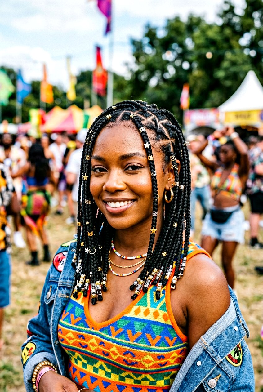 Knotless braids with star design and beads - 20 waist length knotless braids with beads - 20 waist length knotless braids with beads