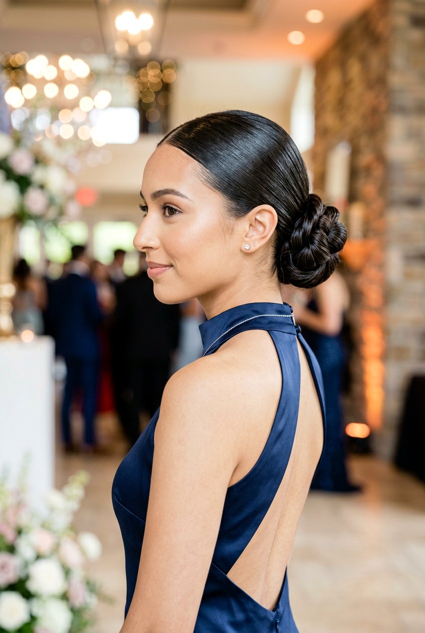 Knotted Bun with Sleek Back for Prom - 20 senior prom bun hairstyle - 20 senior prom bun hairstyle