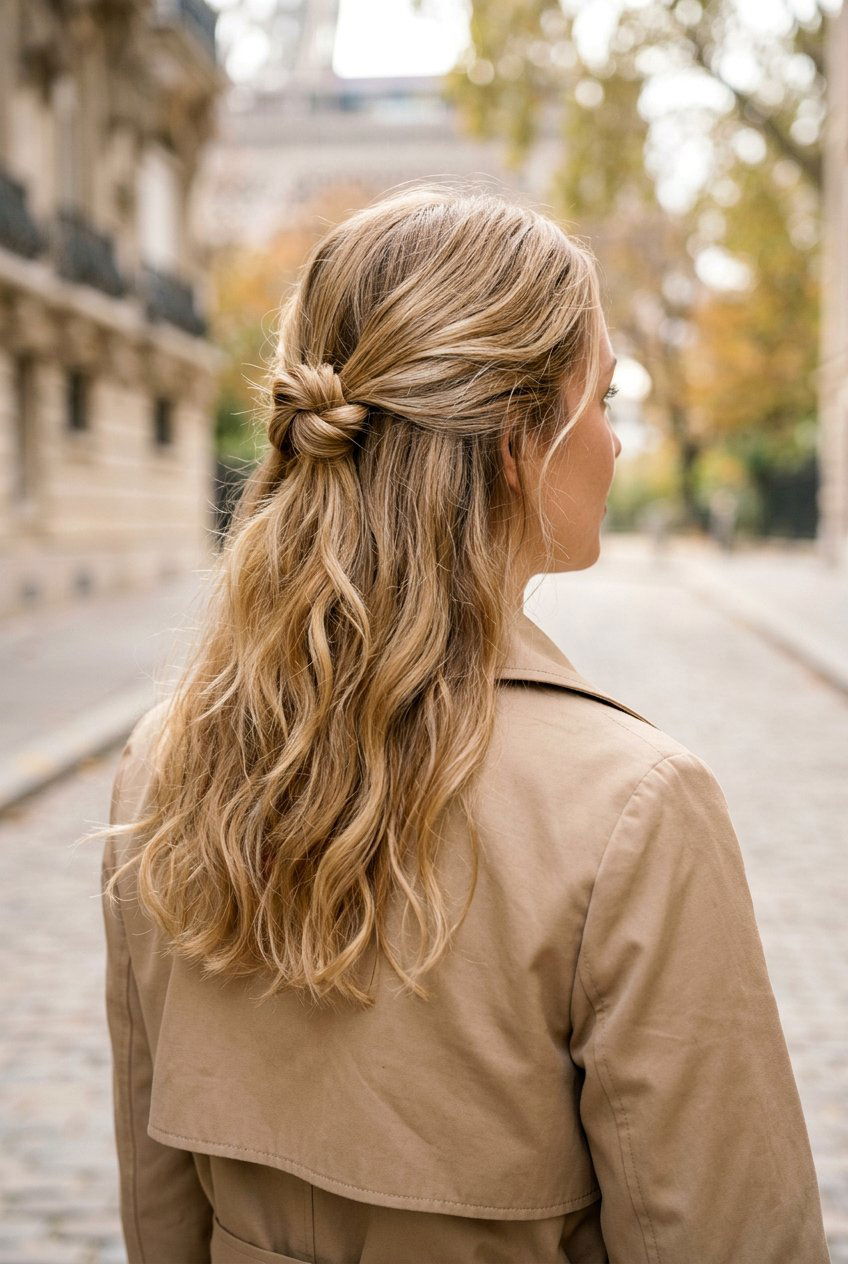 Knotted Half Updo - 20 easy morning hairstyle for long layers - 20 easy morning hairstyle for long layers