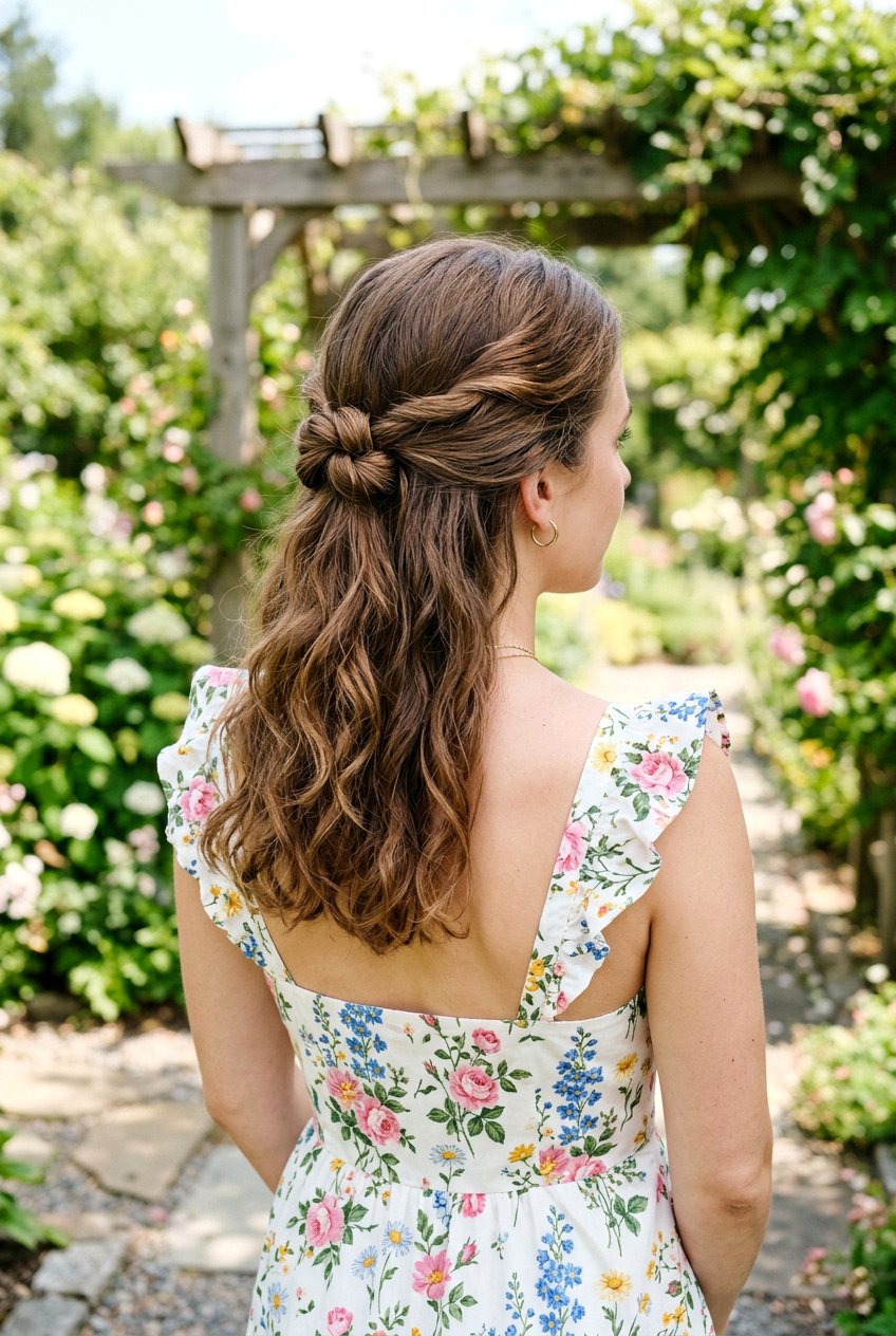 Knotted Half Updo - 20 camping hairstyle for medium hair - 20 camping hairstyle for medium hair