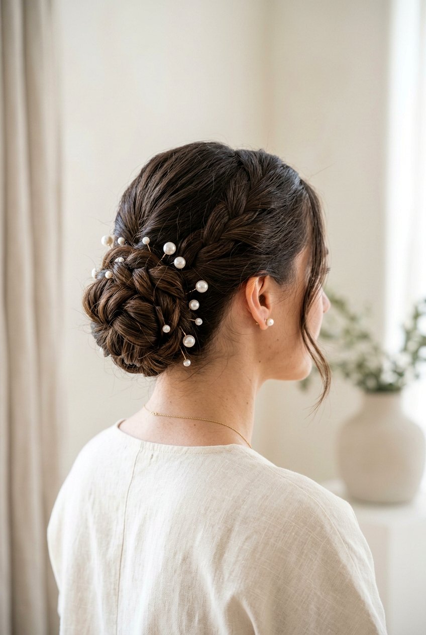 Knotted Low Bun With Pearl Pins - 20 birthday hairstyle with low bun and pearls - 20 birthday hairstyle with low bun and pearls
