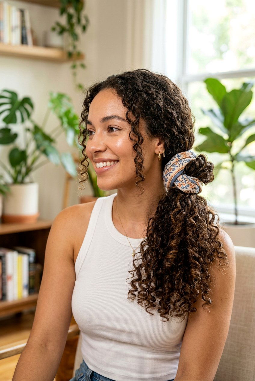 Knotted Side Ponytail - 20 hiking hairstyle for curly hair women - 20 hiking hairstyle for curly hair women