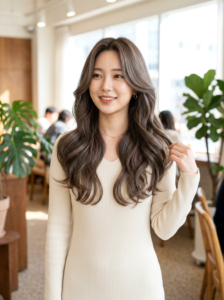 Korean Long Wave Perm With Ash Brown Color - 20 korean wave perm for long hair - 20 korean wave perm for long hair