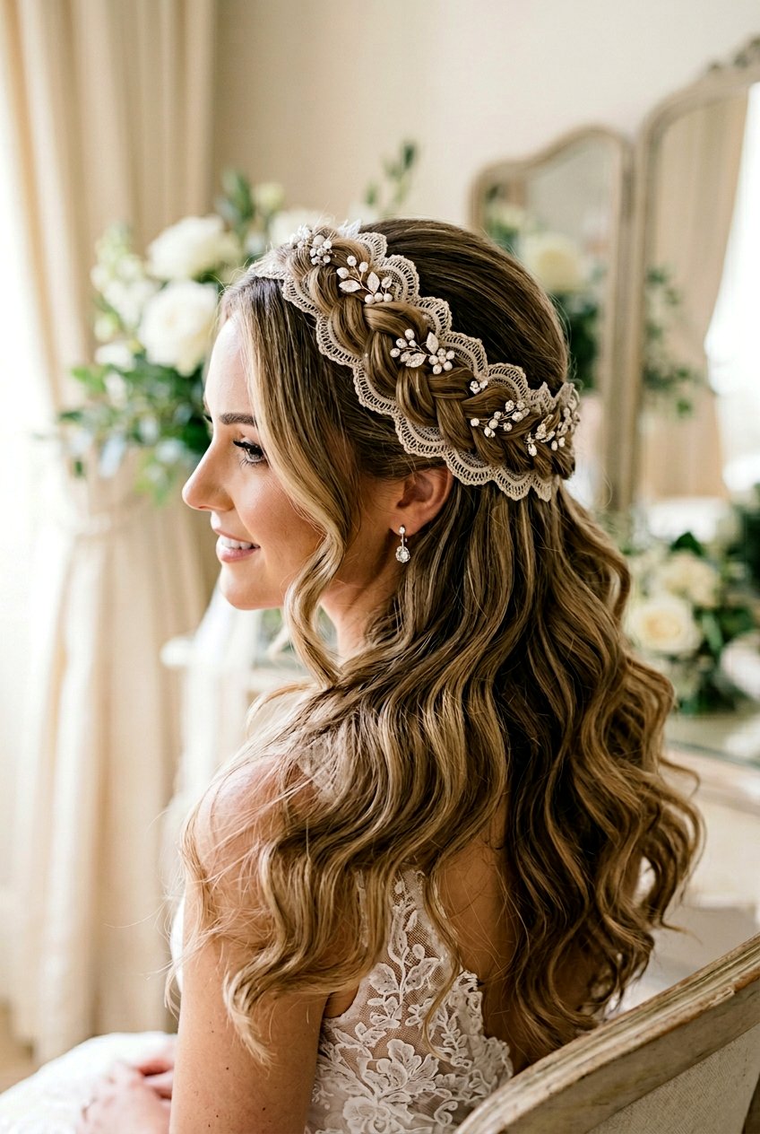 Lace Braid Crown Half Up Bridal Style - 20 bridal half up with braid crown - 20 bridal half up with braid crown