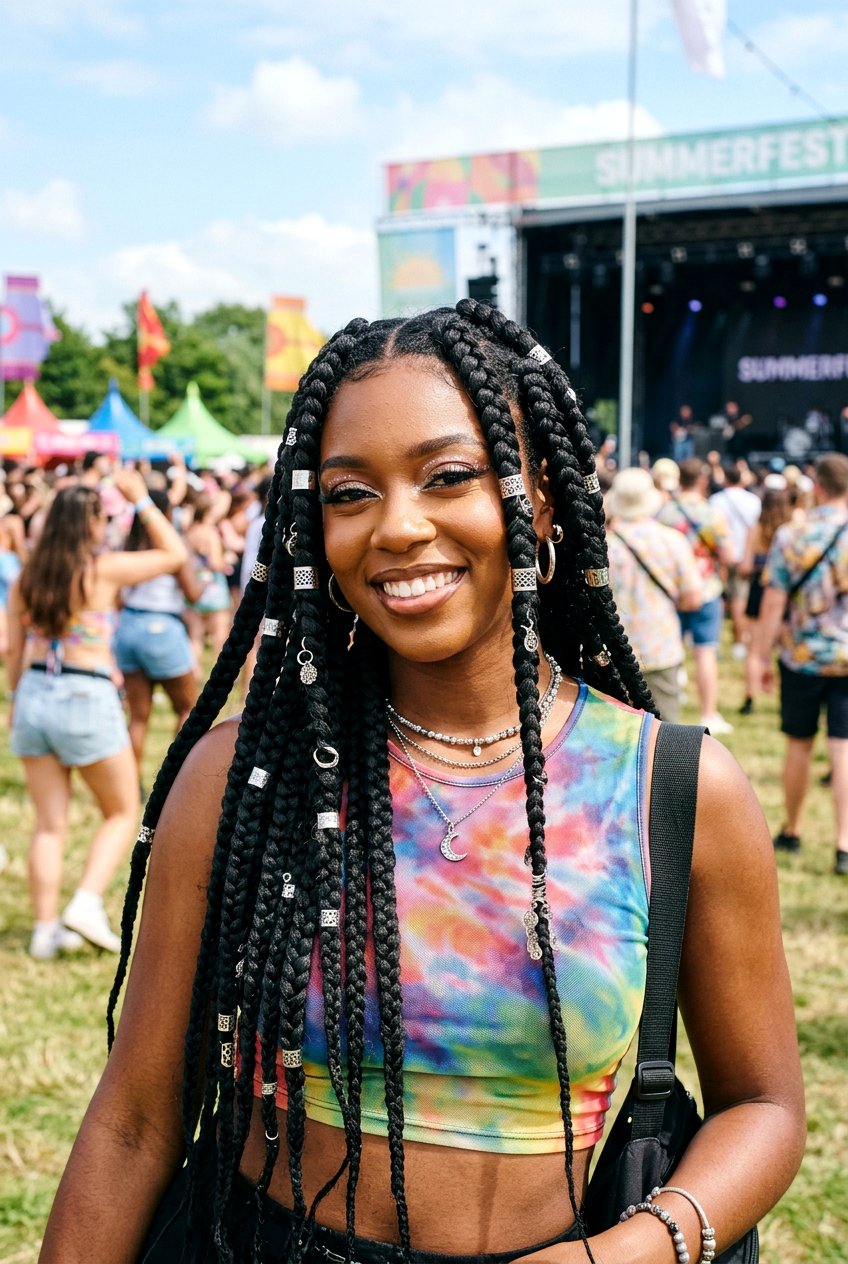 Large Knotless Braids With Silver Cuffs - 20 large knotless braids for vacation - 20 large knotless braids for vacation