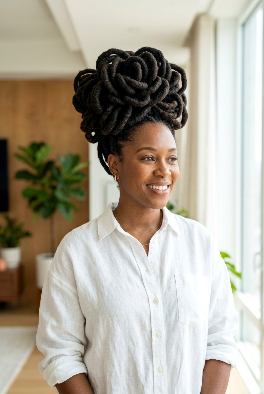 Large loc petal bun - 20 loc petal bun hairstyle - 20 loc petal bun hairstyle