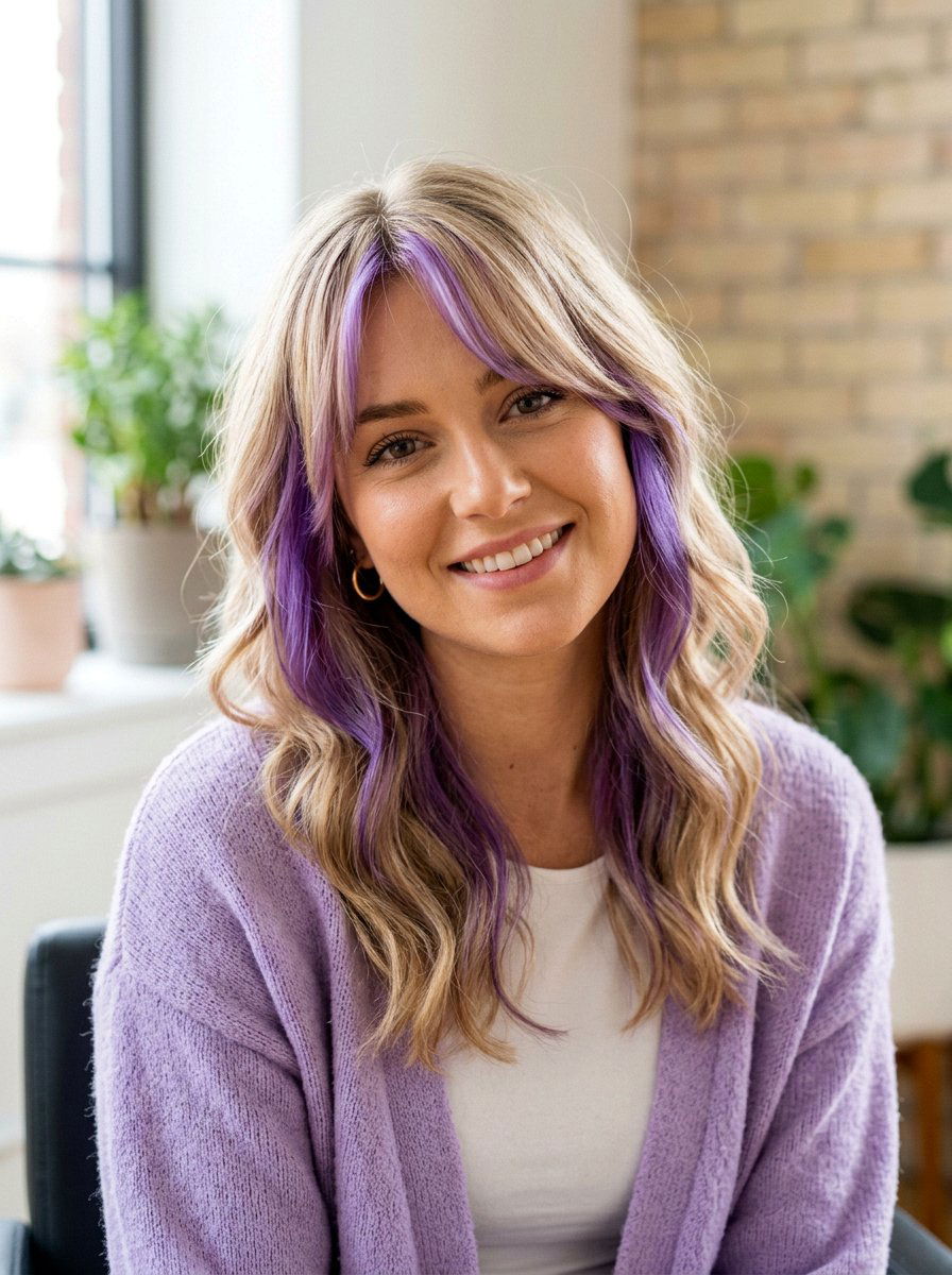 Lavender peekaboo on blonde curtain bangs - 20 lavender underlayer on blonde hair - 20 lavender underlayer on blonde hair