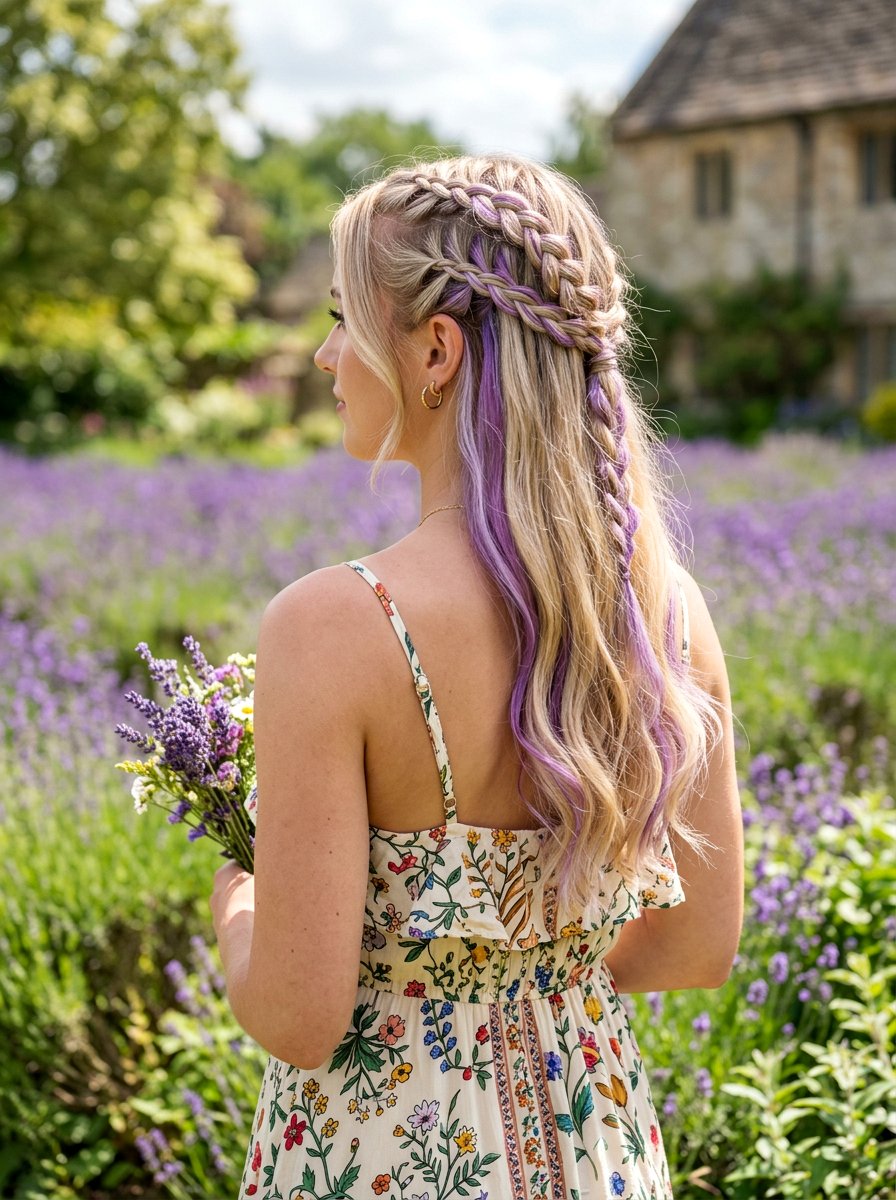 Lavender peekaboo on long blonde layers - 20 lavender underlayer on blonde hair - 20 lavender underlayer on blonde hair