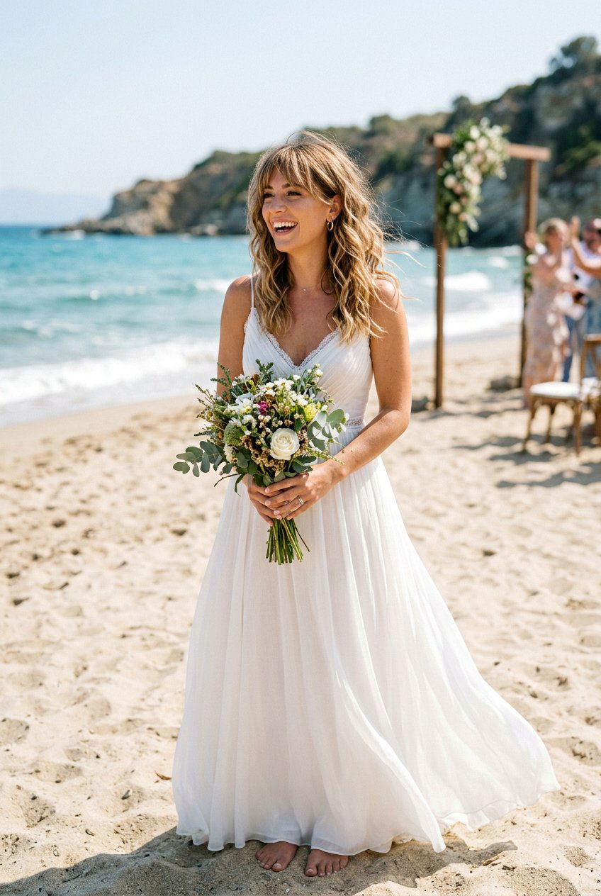 Layered Bangs With Beachy Waves - 20 bridal hairstyle for women with bangs - 20 bridal hairstyle for women with bangs