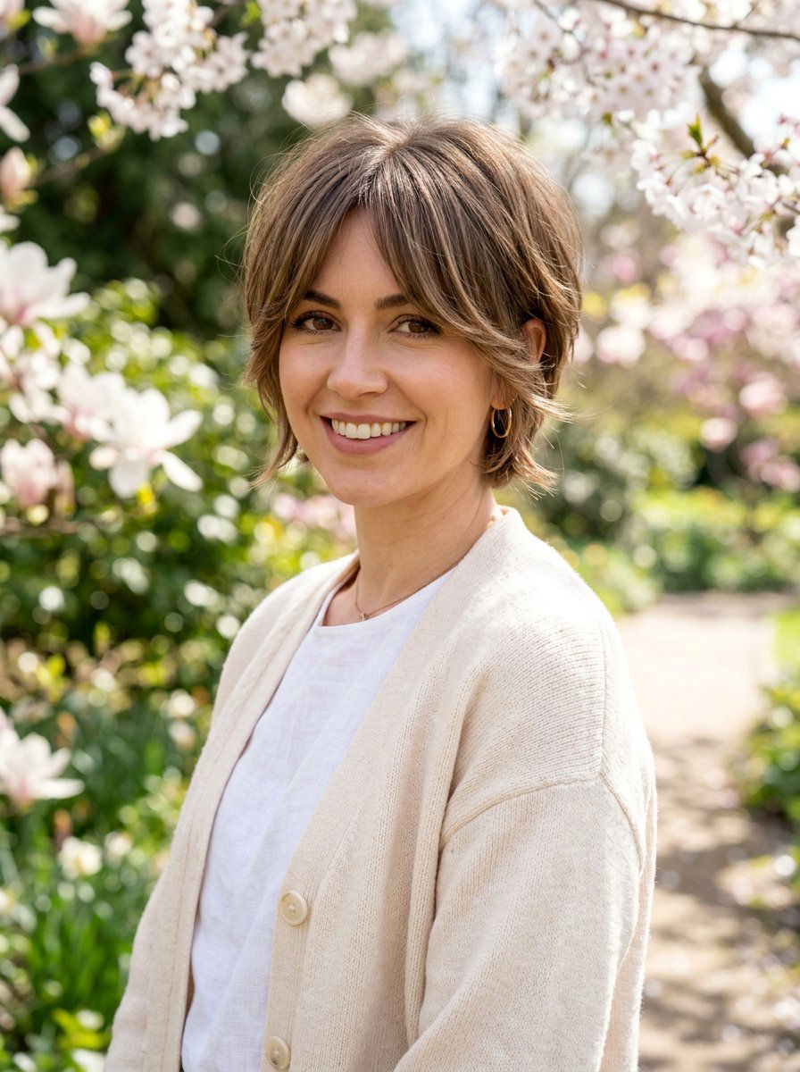 Layered Bixie With Long Curtain Bangs - 20 layered bixie with movement - 20 layered bixie with movement