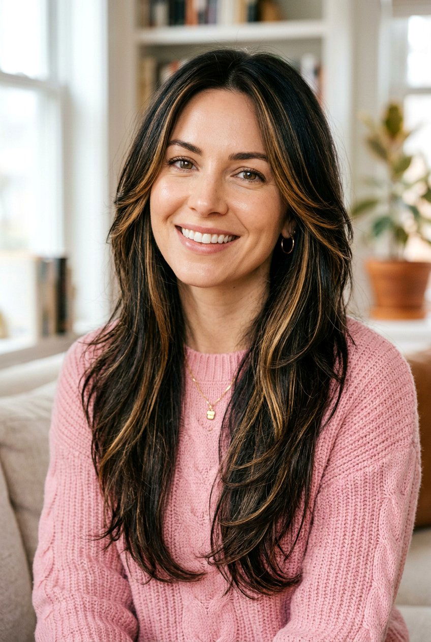 Layered Black Hair With Honey Babylights - 20 black hair with honey babylights - 20 black hair with honey babylights