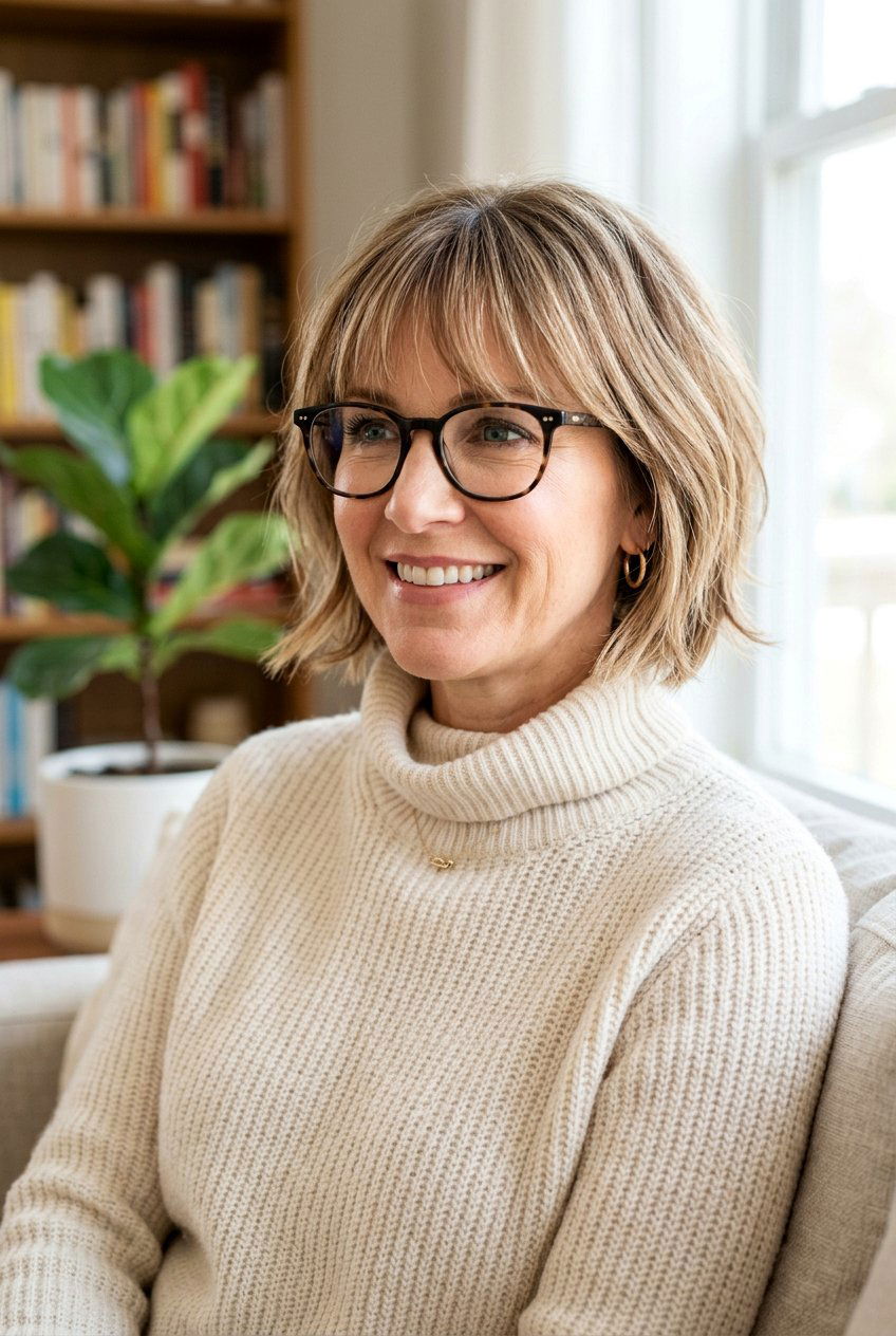 Layered Bob With Bangs - 20 hairstyles for women with glasses over 40 - 20 hairstyles for women with glasses over 40