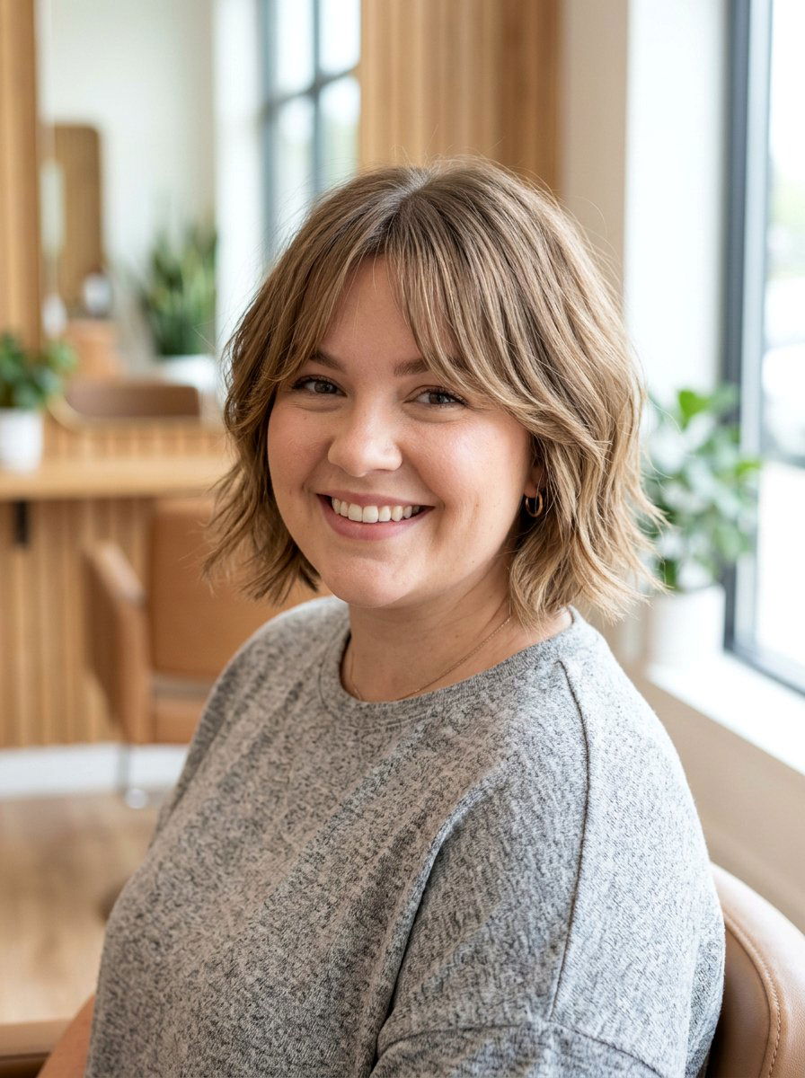 Layered Bob with Curtain Bangs for Round Face - 20 short haircut for round chubby face women - 20 short haircut for round chubby face women