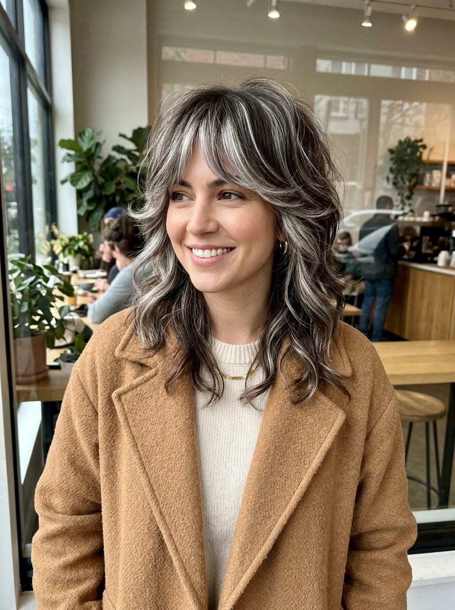 Layered Brunette Cut With Silver Highlights - 20 winter brunette with cool highlights - 20 winter brunette with cool highlights