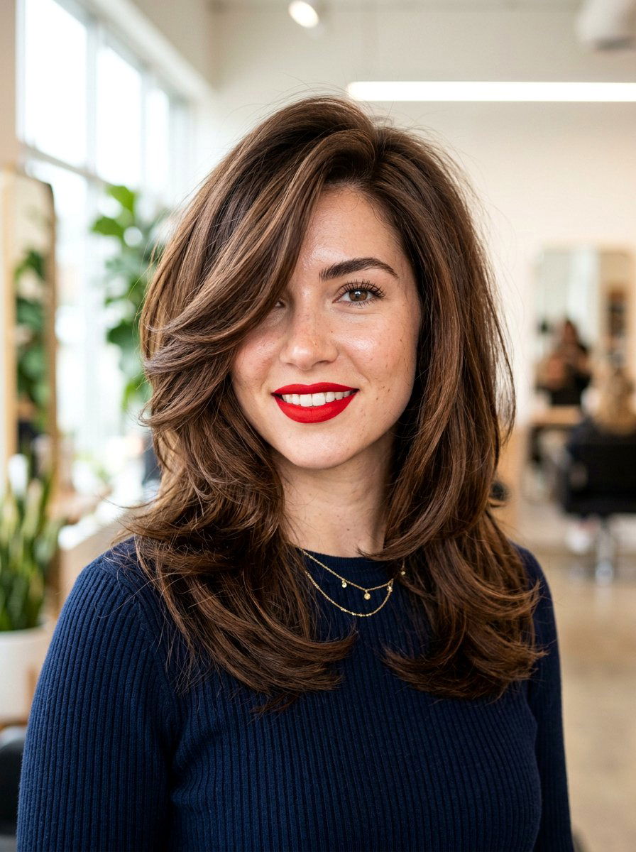 Layered Butterfly Cut With Deep Side Part - 20 wavy butterfly layers for medium hair - 20 wavy butterfly layers for medium hair