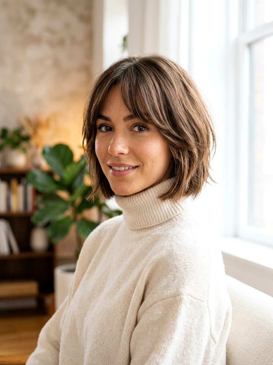 Layered Chin Length Bob With Curtain Bangs - 20 layered chin length bob with volume - 20 layered chin length bob with volume