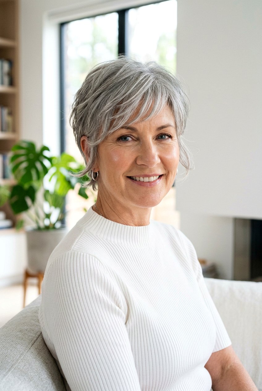 Layered Gray Pixie Cut With Wispy Face Framing - 20 gray hair with face framing layers - 20 gray hair with face framing layers