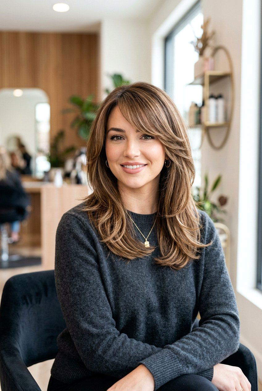 Layered Haircut With Side Swept Bangs And Highlights - 20 layered haircut with side bangs - 20 layered haircut with side bangs