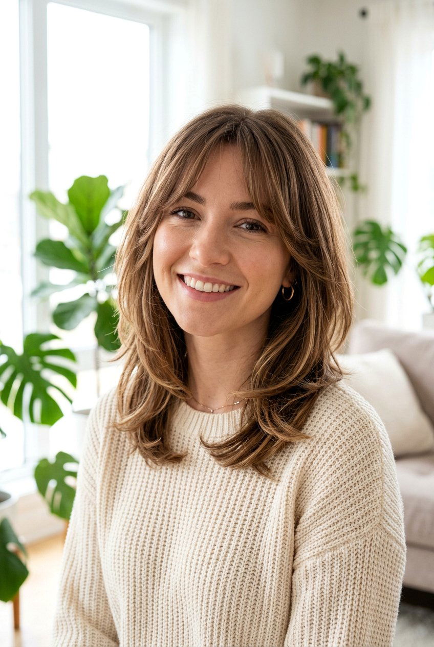 Layered Lob With Curtain Bangs - 20 mom shoulder length haircut with bangs - 20 mom shoulder length haircut with bangs