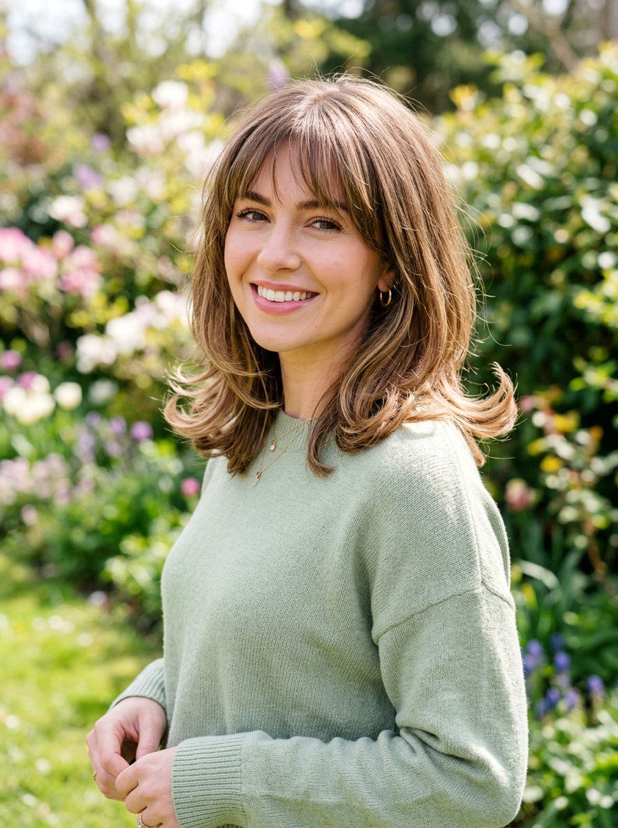 Layered Lob With Flipped Ends And Bangs - 20 layered lob with flipped ends - 20 layered lob with flipped ends